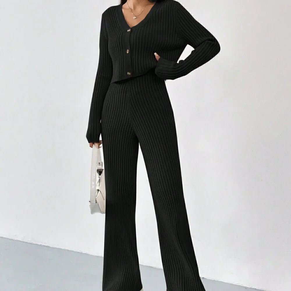 Black Casual Women's Summer Ribbed Knit Cardigan & Flare Leg Knit Pants set